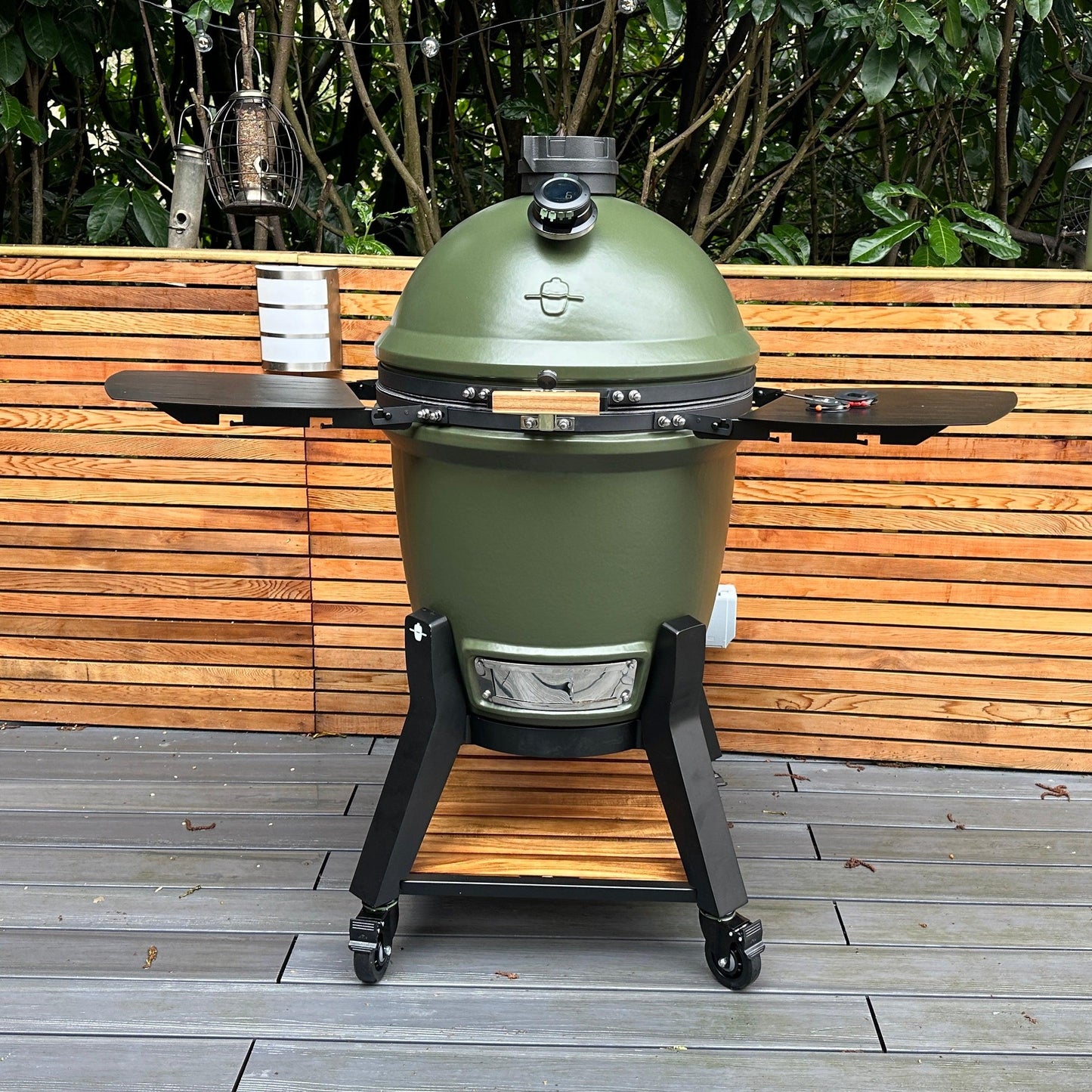 Grden V2 Olive Green Kamado BBQ with Cart and Acacia Shelves - BBQ Land