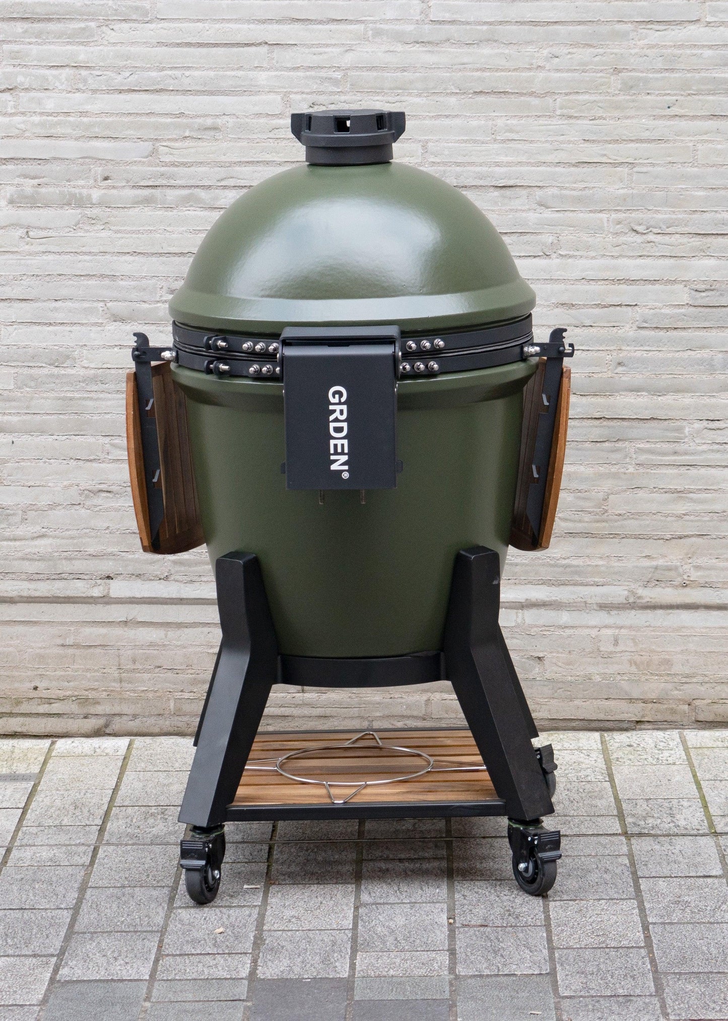 Grden V2 Olive Green Kamado BBQ with Cart and Acacia Shelves - BBQ Land