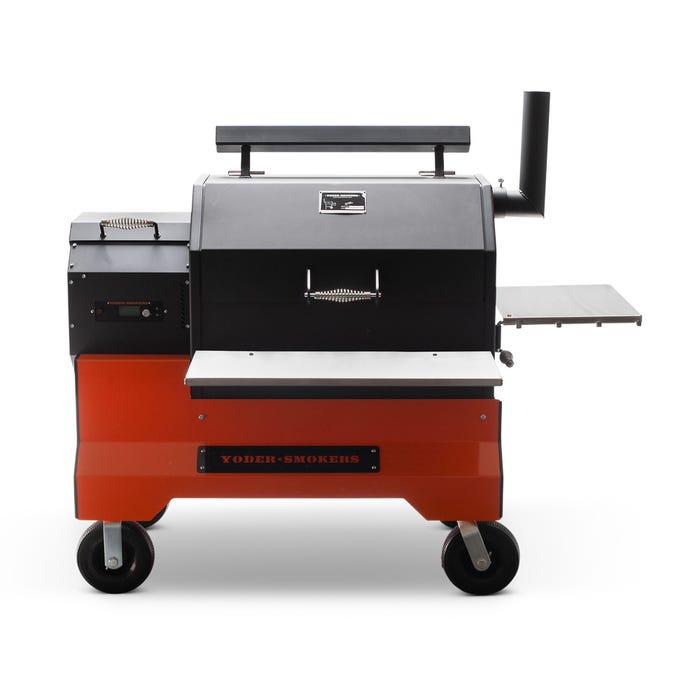 Yoder YS640s Silver Competition Cart Pellet Grill with Stainless Steel Shelves